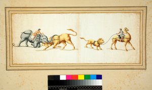 Boğaya karşı savaşan bir Fil mozaiğinin kopyası (siyah tebeşir, bazıları tükenmez kalem ve kahverengi mürekkeple. sulu boya ile renklendirilmiş) by Pietro Santi Bartoli