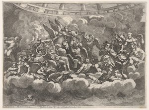 Bulutlar arasında çeşitli Olimpos tanrılarının ve mitolojik figürlerin bir araya gelmesi, Apollon at ce..., ca. 1680.