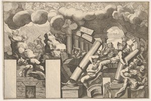 Kayalar tarafından ezilen devler ve tapınağın düşen sütunları, yukarıdaki duman bulutları..., yaklaşık. 1680.