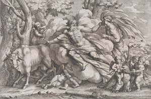Solda bir inek olarak Io, merkezde bir bulutun üzerinde Jüpiter ve sağda pu ile Juno..., 1650-90.