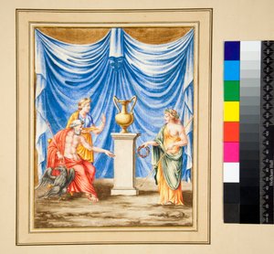 Solda oturan Jüpiter, Kartal ve Dişi Figür (siyah tebeşir, bazıları kalem ve kahverengi mürekkeple. sulu boya ile renklendirilmiş) by Pietro Santi Bartoli