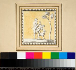 Tahta bir sandığın önünden üç gümüş panel (siyah tebeşir, bazıları tükenmez kalem ve kahverengi mürekkeple. sulu boya ile renklendirilmiş) by Pietro Santi Bartoli