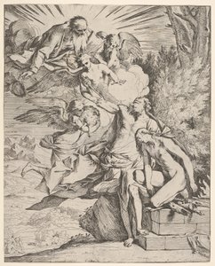 İshak'ın Kurban Edilmesi: Bir melek İbrahim'in hançer taşıyan koluna bastırır, ki ..., yaklaşık 1645-50. by Pietro Testa