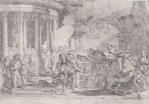 Artemis tapınağından taşınan Sinorix, zehirin etkilerinden kaçmaya çalışırken..., ca. 1640. by Pietro Testa
