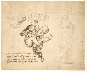 İki oyun putti, yapraklar ve vazolu dökümlü bir figür için çalışma by Pietro Testa