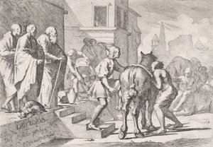 Bir ata binmek üzere gösterilen müsrif oğlun, dört kişilik bir diziden ayrılışı..., yaklaşık. 1645. by Pietro Testa
