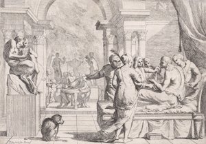 Kanepede oturan müsrif oğul şarap servisi yapılıyor, arka planda eğlence düşkünleri, bir ay..., ca. 1645. by Pietro Testa