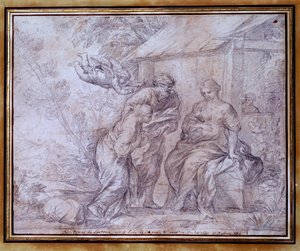 İbrahim'in karısı Sarah'nın Mısırlı kölesi Agar Agar'ın dönüşü. Pierre de Cortona veya Pietro da Cortona (1596-1669) olarak bilinen Pietro Berrettini tarafından kara kalemle çizim. 17. yüzyıl. karartmak 0,27x0,33 m. Louvre müzesi by Pietro da Cortona