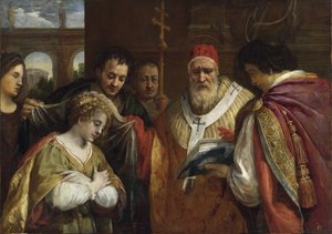 Flavia Domitilla veya Aziz Domitilla (95'ten sonra öldü) Papa I. Clement'ten (Roma'nın Aziz Clement'i, 99 civarında öldü) peçe aldı - Aziz Domitilla, Papa Clement I'den peçe aldı - Cortona, Pietro da (1596-1669) - Yağlı boya tuval - 123 by Pietro da Cortona