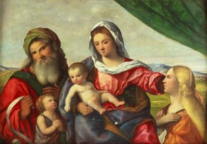 Madonna ve Çocuk, Vaftizci Yahya, Azize Katerina ve Azize Zekeriya ile birlikte bir manzara içinde (tuval üzerine yağlıboya) by Pietro degli Ingannati