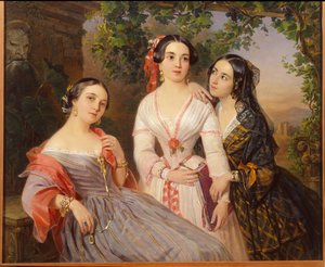 Kontes Elisabeth Salias de Tournemire (1815-1892), Sophia Soukhovo Kobylina (Soukhovo-Kobylina) (1825-1867) ve Eudokia Petrovo Solovovo - Peinture de Pimen Nikitich Orlov (1812-1863), huile sur toile