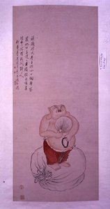 Bodai Buddha, bir şiirle yazılmış asılı kaydırma (kağıt üzerinde mürekkep ve renk) by Luo Ping