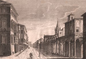 Bologna'daki Strada Maggiore'nin görünümü, Emilia-Romagna, İtalya, Pio Panfili'nin (1723-1812) bir çiziminden sonra C Lambertini'nin bakır gravürü, yaklaşık 13,5x19 cm by Pio Panfili