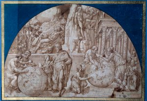 Astronomi alegorisi. Bilim adamları Dünya küreleri üzerinde ölçüm yapıyorlar. Pirro Ligorio (1500-1583 dolaylarında) tarafından kahverengi mürekkeple çizim 16. yüzyıl Paris, Louvre Müzesi