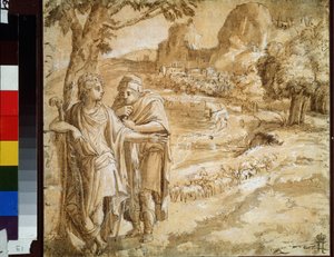 "Bir Peyzajda Çoban Ve Hacı" (Bir Peyzajda Çoban Ve Hacı) Pirro Ligorio (1510-1583) Suluboya ve Mürekkep 1550 Dolaylarında Puşkin Müzesi, Moskova
