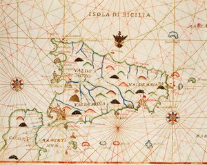 Placido Caloiro ve Francesco Oliva'nın yazdığı altı haritadan oluşan portolan atlasından Sicilya, Parchment. 1646.