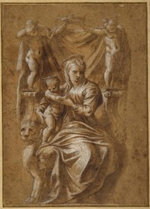 Madonna ve Çocuk tahta çıktı (kağıt üzerinde gövde rengi ile kalem ve kahverengi mürekkep) by Polidoro da (follower of) Caravaggio