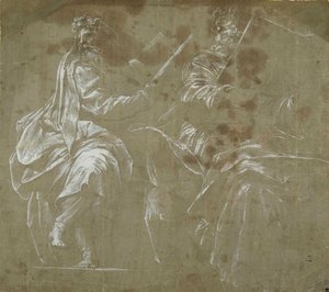 İki sakallı peygamber oturmuş, açık kitaplar tutuyor (gri kağıt üzerinde beyaz gövde rengi) by Polidoro da Caravaggio