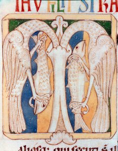 Balıkçıllar ve balıklardan oluşan antetli kağıt dekoru. Sancta Cruz de Coimbra