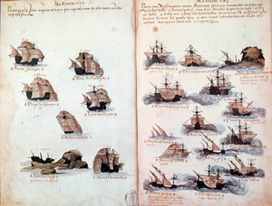 El yazması sayfası “” Portekiz donanmalarını temsil eden Kral I. Manuel (1469-1521) yönetimindeki Portekiz donanmasının anıtları””. 1523 M.Ö. Paris by Portuguese School
