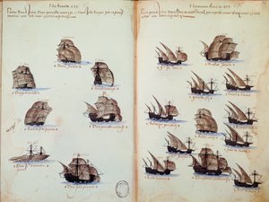 El yazması sayfası “” Portekiz donanmalarını temsil eden Kral I. Manuel (1469-1521) yönetimindeki Portekiz donanmasının anıtları”” by Portuguese School