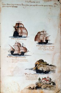 El yazması sayfası “” Kral I. Manuel (1469-1521) yönetimindeki Portekiz donanmalarının anıları”, 1497 yılı Portekiz filolarını temsil ediyor. 1500 Lizbon, Ulusal Antik Sanat Müzesi by Portuguese School