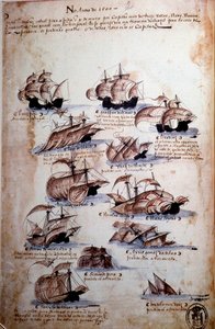 El yazması sayfası “” Kral I. Manuel (1469-1521) yönetimindeki Portekiz donanmalarının anıları”, 1497 yılı Portekiz filolarını temsil ediyor. 1500 Lizbon, Ulusal Antik Sanat Müzesi by Portuguese School