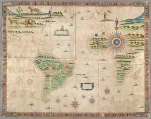 Batı Avrupa, Afrika ve Amerika haritası, dağlar, hayvanlar vb. çizimlerle. Joseph da Costa e Miranda by Portuguese School