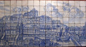 Panoramik Lizbon manzarası, 1755 depreminden önce - 18. yüzyılın başında Azulejos, Tentugal Kontlarının eski sarayının panel uyarısı, Lizbon (1755 depreminden önce Büyük Lizbon panoraması, 18. yüzyılın başlarında fayans, antik saray