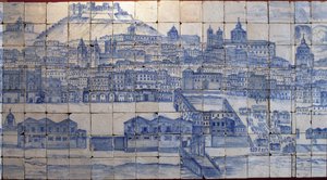 Panoramik Lizbon manzarası, 1755 depreminden önce - 18. yüzyılın başında Azulejos, Tentugal Kontlarının eski sarayının panel uyarısı, Lizbon (1755 depreminden önce Büyük Lizbon panoraması, 18. yüzyılın başlarında fayans, antik saray