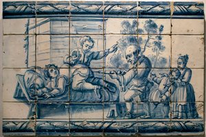 Bir hastaya lavman yapan doktor - Lizbon Hiciv paneli, 18. yüzyılın ilk yarısı (Hekim - Hiciv paneli, 18. yüzyılın ilk yarısı) - Musee national des azulejos, Lizbon (Portekiz)