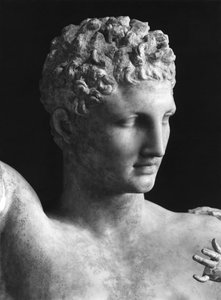 Hermes heykelinin detayı ve Bebek Dionysos, MÖ yaklaşık 330 (parian mermer), Hermes başı (bkz. BAL 54791)