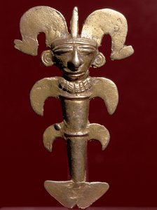 Kolomb öncesi sanat, Quimbaya uygarlığı (Kolombiya): altından antropomorfik kolye. 400-1400 AD. Bogota, Museo de Oro, Kolombiya