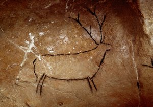 Prehistorya: Bir geyik. Üst paleolitik mağara resmi (Magdalenian) (16.500 ve 14.000 yıl önce). Taş çağı. Las Chimeneas Mağarası, Monte Castillo, İspanya