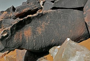 Tarih öncesi, kaya sanatı: sığır temsilinin mezar taşı. Tazina tarzı. Taş Devri 5000-2000 M.Ö. Taghit, Haut plato du Hoggar (Ahaggar), Cezayir by Prehistoric Prehistoric