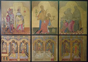 Aslen Aziz Stephen Şapeli'nde bulunan ve alt sırada LR'yi tasvir eden bir duvar resminin rekonstrüksiyonu: Thomas Woodstock (1355-97), Edmund Langley, John of Gaunt (1340-99), Lionel (1338-68), Edward, The Black Prince ( 1330-76) ve Aziz George