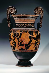 Bir performansa hazırlanan aktörlerin ve müzisyenlerin bir sahnesiyle süslenmiş tavan arası kırmızı figürlü volüt krater, Yunanca, Ruvo