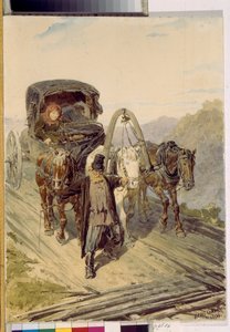 Troyka (üç at tarafından çekilen Rus arabası). Pyotr (Piotr) Petrovich Sokolov (1821-1899), kağıt üzerine sulu boya çalışması by Pyotr Petrovich Sokolov