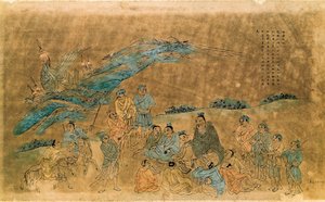 Çinli filozof Konfüçyüs (Kong Fu Zi) (MÖ 551-479) öğrencilerini çevreliyor (sulu boya) by Qing Dynasty Chinese School