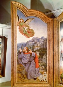 The Holy Kinship, or the Altarpiece of St. Anne, detail of the left panel depicting the Annunciation to Joachim, 1509  by Quentin Massys or Metsys