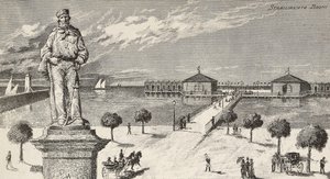 Giuseppe Garibaldi (1807-1882), İtalyan politikacı ve vatansever anısına anıt ve arka planda banyo tesisi, Cesenatico, İtalya by Quinto Cenni