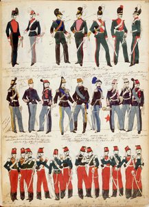 Quinto Cenni tarafından 1860 civarında ortak kullanımda olan çeşitli İtalyan üniformaları, renkli plaka