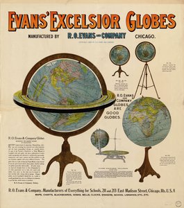 Küreler için reklam afişinde 5 kürenin temsili ve bazı açıklayıcı metinler bulunur by R. O. Evans And Company