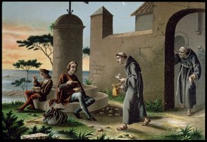 1878'de Barselona'da yayınlanan Amerika'nın Keşfi'nden Kristof Kolomb'un Oğluyla la Rabida Manastırı'na Gelişi (1451-1506) (renkli taş) by R. Puiggari