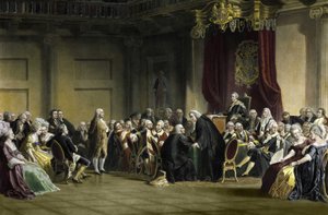 Benjamin Franklin (1706-1790), Amerikalı filozof, fizikçi ve Danışma Meclisi Lordları huzurunda devlet adamı, Whitehall Şapeli, Londra by R. Whitechurch