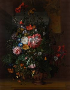 Taş Çıkıntıdaki Bir Vazoda Güller, Kıvrımlar, Gelincikler ve Diğer Çiçekler by Rachel Ruysch