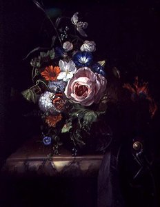 Cam Kasede Güller ve Diğer Çiçekler (tuval üzerine yağlı boya) by Rachel Ruysch