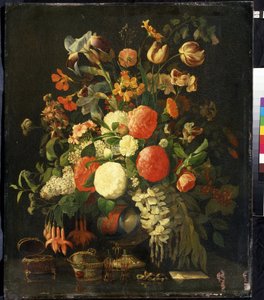 ""Çiçek Buketi"" (Çiçekler) Masanın üzerinde mücevher kutuları var. Rachel Ruysch (1664-1750) tarafından yapılan tablo 18. yüzyıl Mikhail Kroshitsky Sanat Müzesi, Sivastopol (Sivastopol) Ukrayna by Rachel Ruysh
