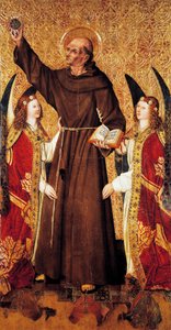 St Bernard and angels, St Bernard Altarpiece'in orta paneli, Rafael Tomas (aktif 1455-1479), Joan Figuera'nın predella'sı (1454-ölümü 1477 veya 1479'dan itibaren aktif), tempera on panel, 398, 9x253 cm by Rafael & Figuera Joan (active c.1454 1477) Tomas