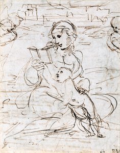 İki Melek Kafası Arasında Bir Manzarada Madonna ve Çocuğu Okumak, 1509 by Raffaello Sanzio Raphael